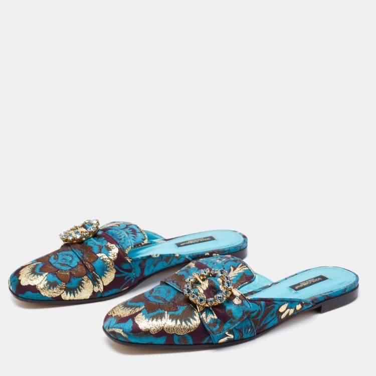 Pre Owned Dolce & Gabbana Blue Brocade Fabric Crystal Embellished Flat Mules Size 38.5