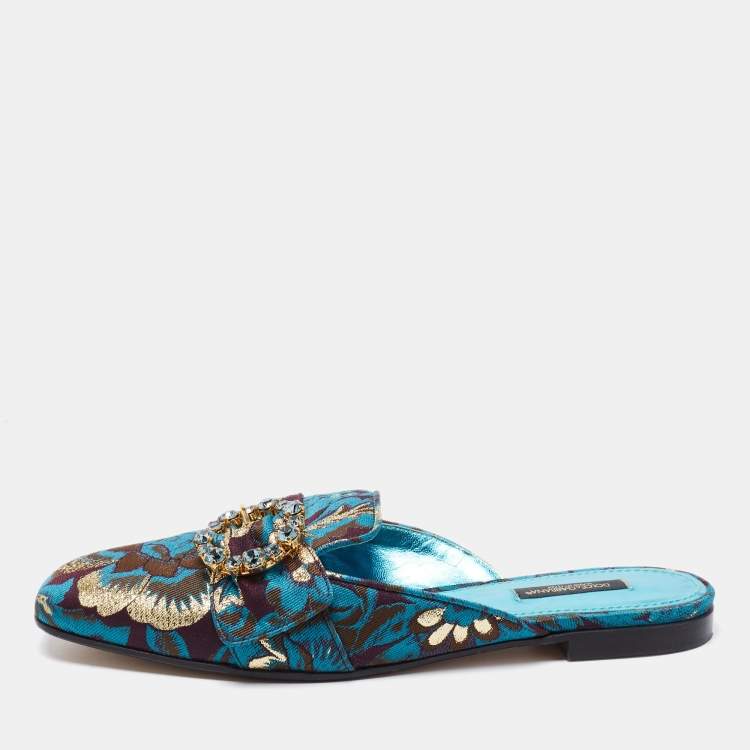 Pre Owned Dolce & Gabbana Blue Brocade Fabric Crystal Embellished Flat Mules Size 38.5