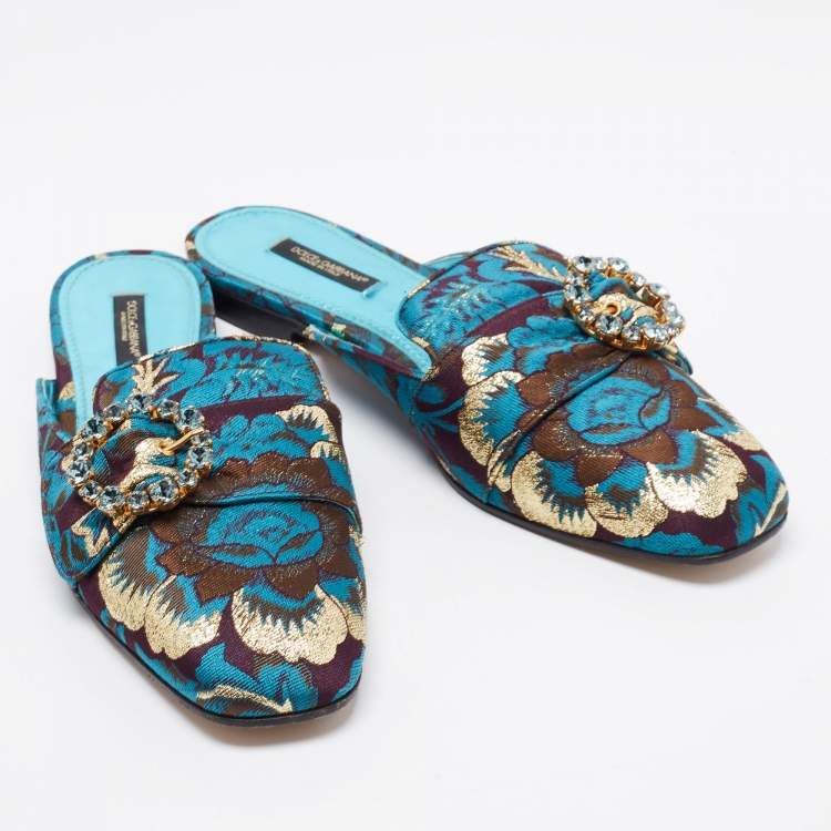 Pre Owned Dolce & Gabbana Blue Brocade Fabric Crystal Embellished Flat Mules Size 38.5