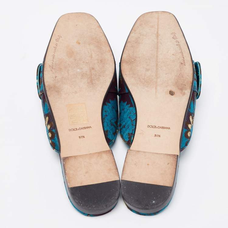 Pre Owned Dolce & Gabbana Blue Brocade Fabric Crystal Embellished Flat Mules Size 38.5