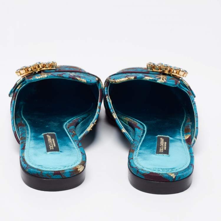 Pre Owned Dolce & Gabbana Blue Brocade Fabric Crystal Embellished Flat Mules Size 38.5
