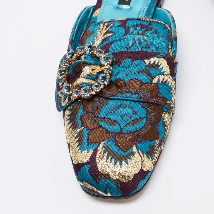 Pre Owned Dolce & Gabbana Blue Brocade Fabric Crystal Embellished Flat Mules Size 38.5