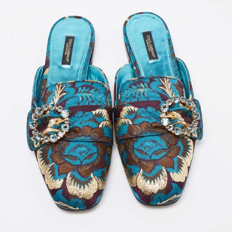 Pre Owned Dolce & Gabbana Blue Brocade Fabric Crystal Embellished Flat Mules Size 38.5