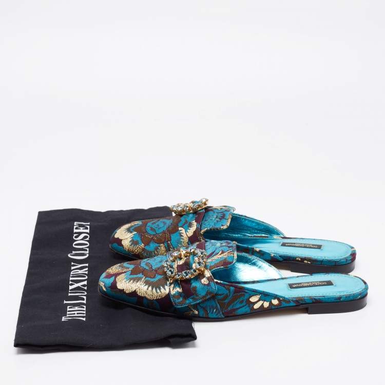 Pre Owned Dolce & Gabbana Blue Brocade Fabric Crystal Embellished Flat Mules Size 38.5