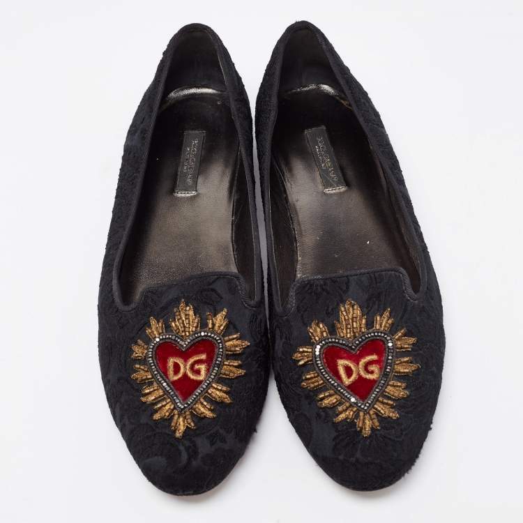 Pre Owned Dolce & Gabbana Black Brocade Fabric Slip on Loafers Size 38
