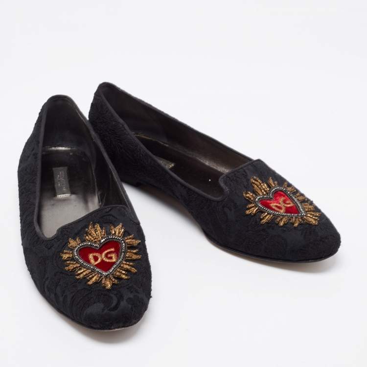 Pre Owned Dolce & Gabbana Black Brocade Fabric Slip on Loafers Size 38