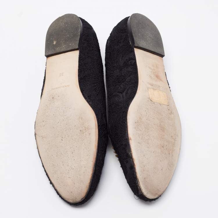 Pre Owned Dolce & Gabbana Black Brocade Fabric Slip on Loafers Size 38
