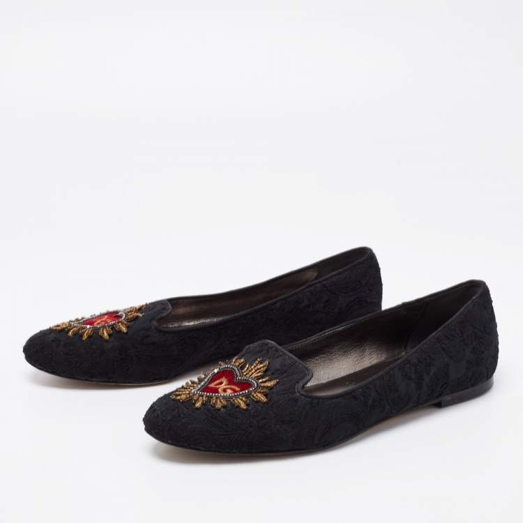 Pre Owned Dolce & Gabbana Black Brocade Fabric Slip on Loafers Size 38