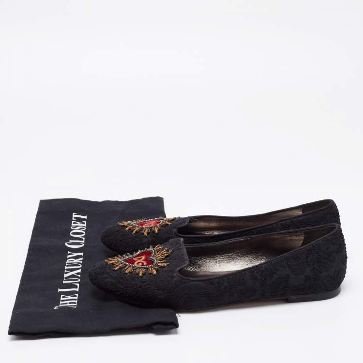 Pre Owned Dolce & Gabbana Black Brocade Fabric Slip on Loafers Size 38