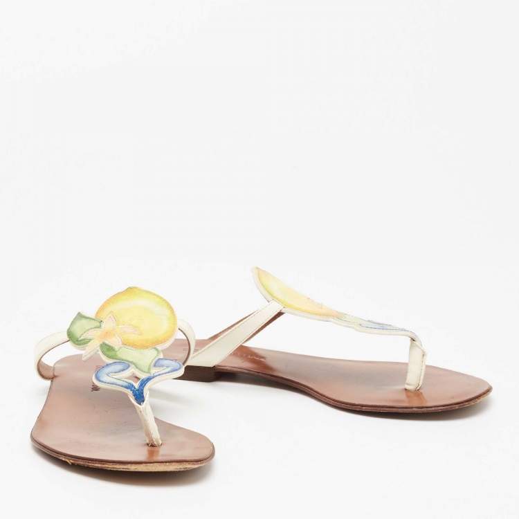 Pre Owned Dolce & Gabbana Multicolor Leather Flower Flat Sandals Size 35