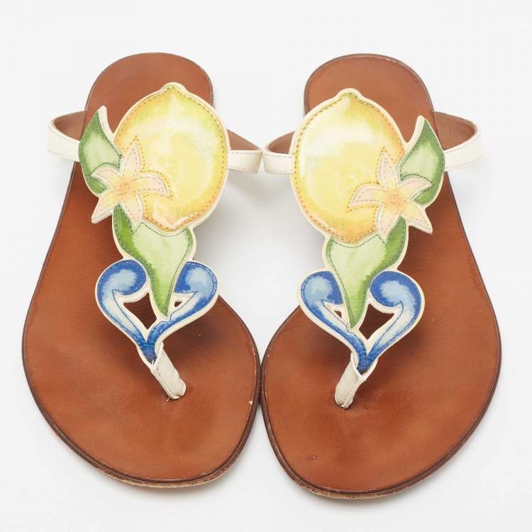 Pre Owned Dolce & Gabbana Multicolor Leather Flower Flat Sandals Size 35