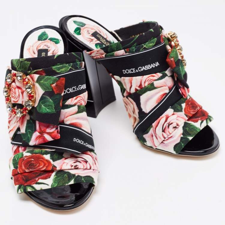 Pre Owned Dolce & Gabbana Multicolor Floral Printed Fabric Crystal Embellished Bow Block Heel Sandals Size 36
