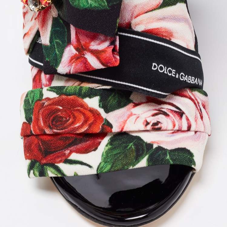 Pre Owned Dolce & Gabbana Multicolor Floral Printed Fabric Crystal Embellished Bow Block Heel Sandals Size 36