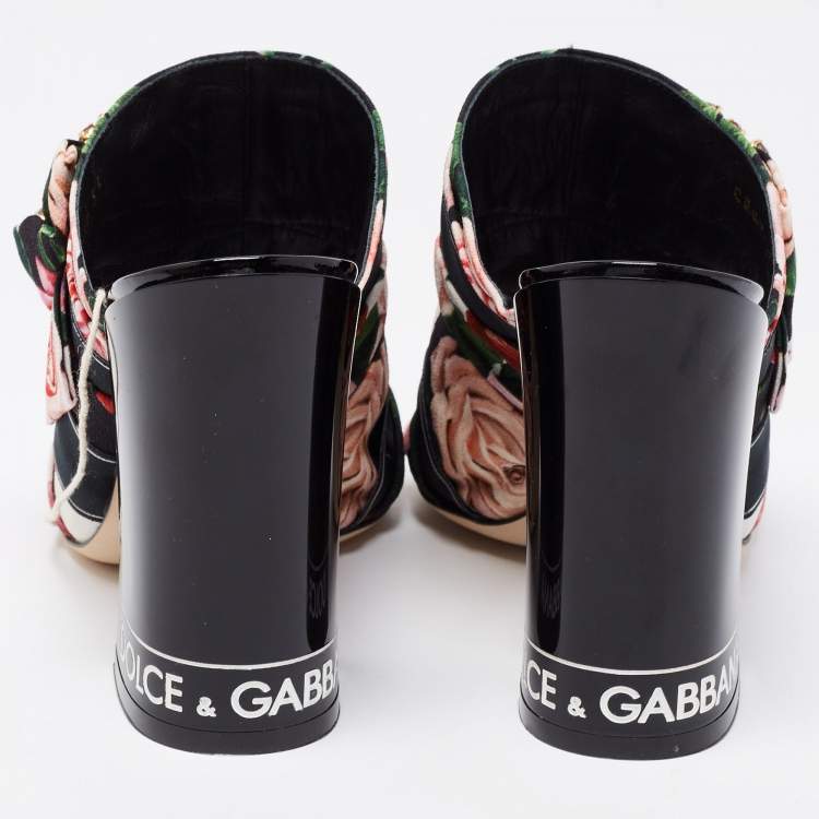 Pre Owned Dolce & Gabbana Multicolor Floral Printed Fabric Crystal Embellished Bow Block Heel Sandals Size 36