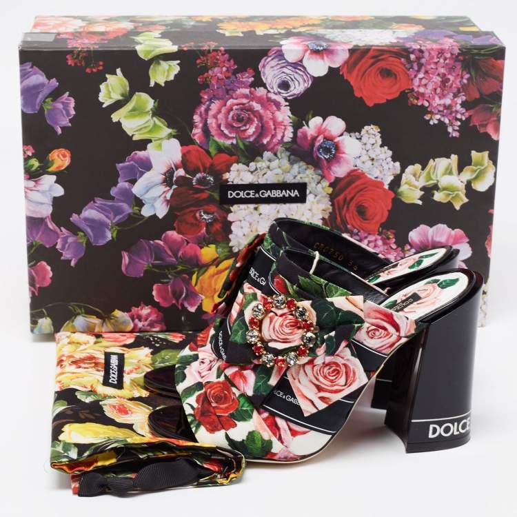 Pre Owned Dolce & Gabbana Multicolor Floral Printed Fabric Crystal Embellished Bow Block Heel Sandals Size 36