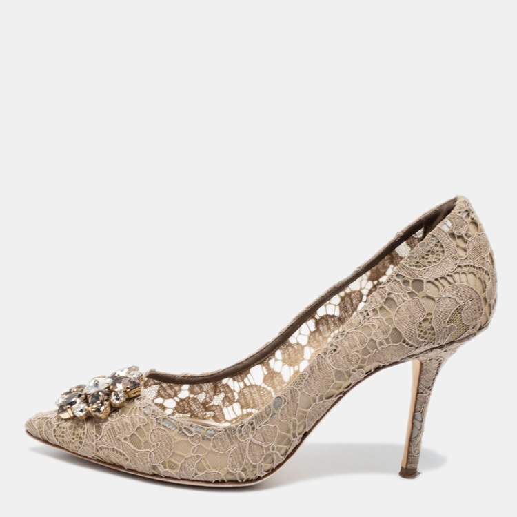 Pre Owned Dolce & Gabbana Khaki Lace Crystal Embellished Bellucci Pointed Toe Pumps Size 40