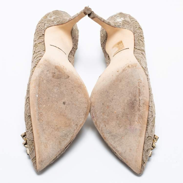Pre Owned Dolce & Gabbana Khaki Lace Crystal Embellished Bellucci Pointed Toe Pumps Size 40