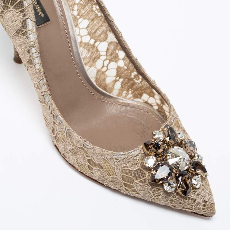 Pre Owned Dolce & Gabbana Khaki Lace Crystal Embellished Bellucci Pointed Toe Pumps Size 40