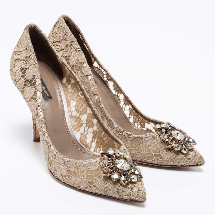Pre Owned Dolce & Gabbana Khaki Lace Crystal Embellished Bellucci Pointed Toe Pumps Size 40