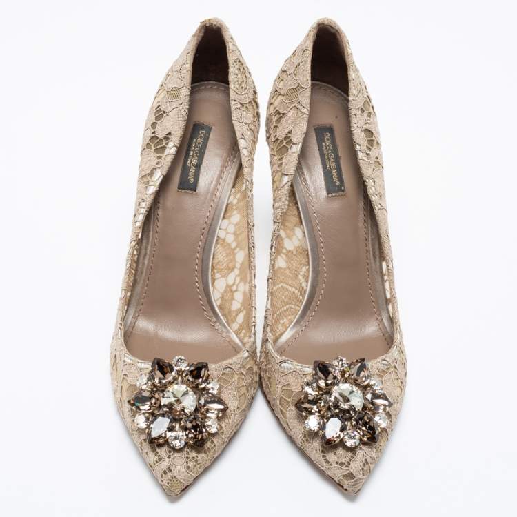 Pre Owned Dolce & Gabbana Khaki Lace Crystal Embellished Bellucci Pointed Toe Pumps Size 40