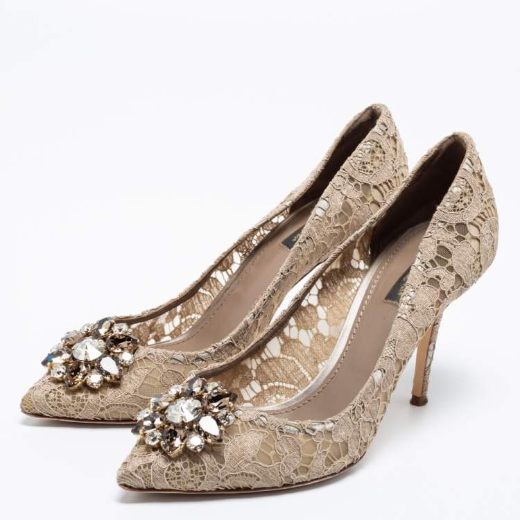 Pre Owned Dolce & Gabbana Khaki Lace Crystal Embellished Bellucci Pointed Toe Pumps Size 40