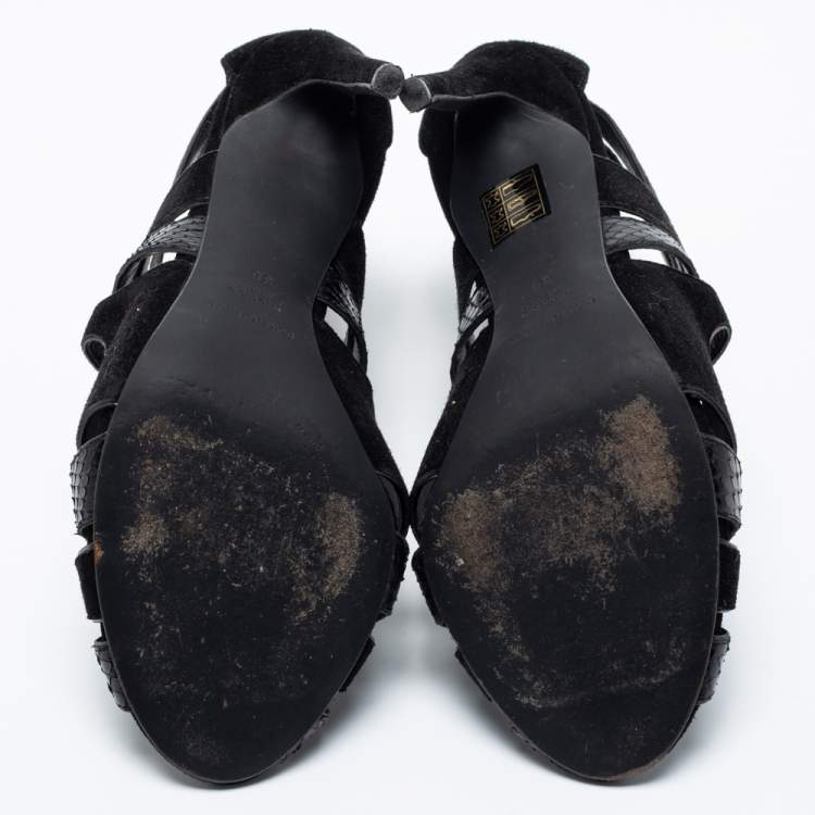 Pre Owned Dolce & Gabbana Black Suede And Python Cut Out Sandals Size 38