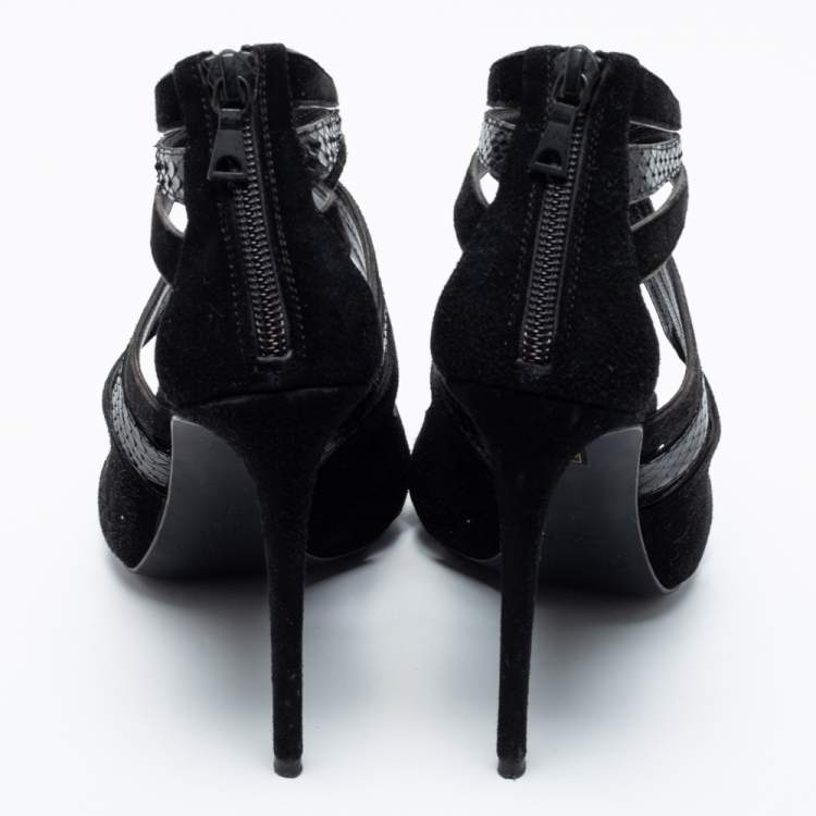 Pre Owned Dolce & Gabbana Black Suede And Python Cut Out Sandals Size 38
