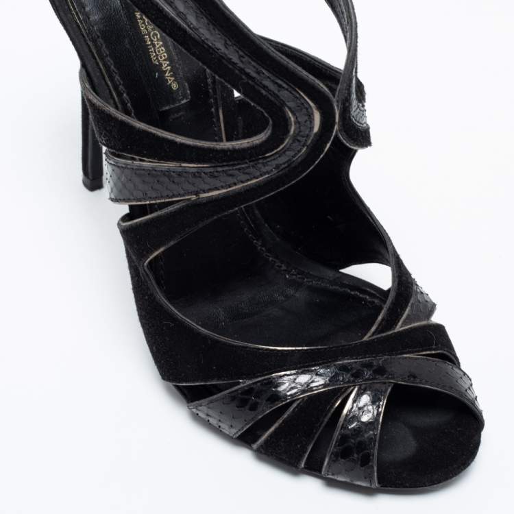 Pre Owned Dolce & Gabbana Black Suede And Python Cut Out Sandals Size 38