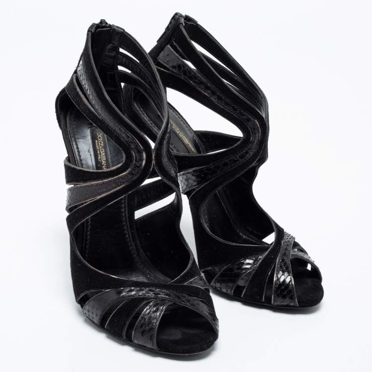 Pre Owned Dolce & Gabbana Black Suede And Python Cut Out Sandals Size 38