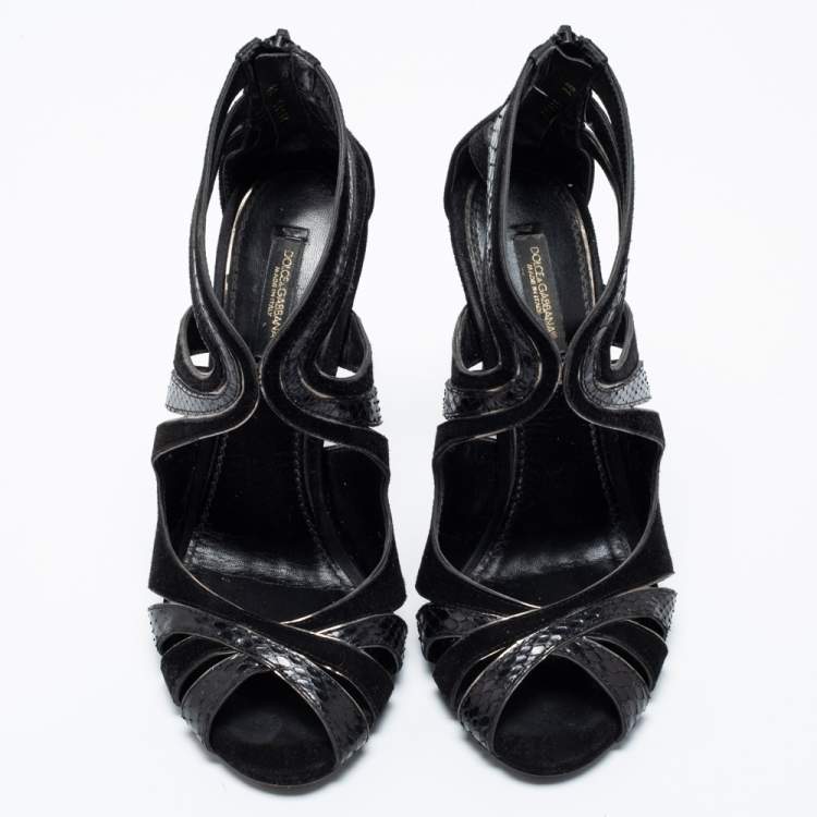 Pre Owned Dolce & Gabbana Black Suede And Python Cut Out Sandals Size 38