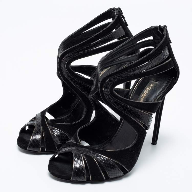 Pre Owned Dolce & Gabbana Black Suede And Python Cut Out Sandals Size 38