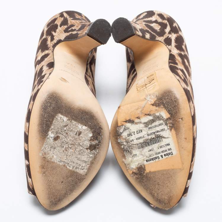 Pre Owned Dolce & Gabbana Brown Leopard Print Canvas Peep Toe Pumps Size 36.5