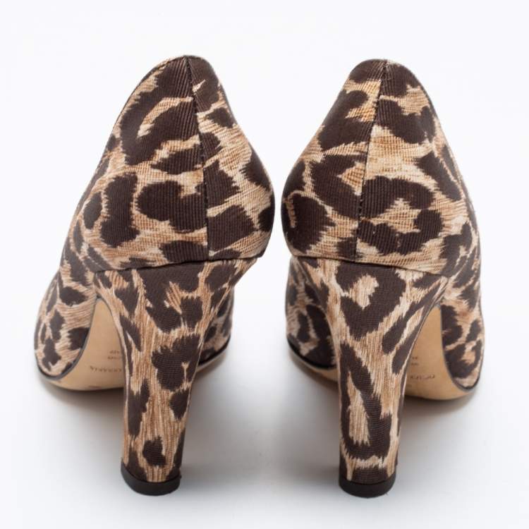 Pre Owned Dolce & Gabbana Brown Leopard Print Canvas Peep Toe Pumps Size 36.5