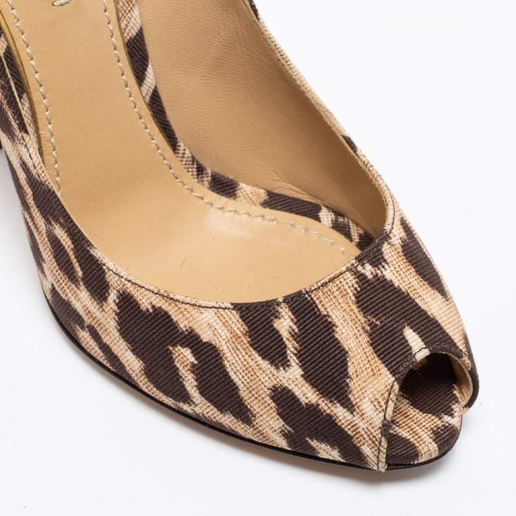 Pre Owned Dolce & Gabbana Brown Leopard Print Canvas Peep Toe Pumps Size 36.5