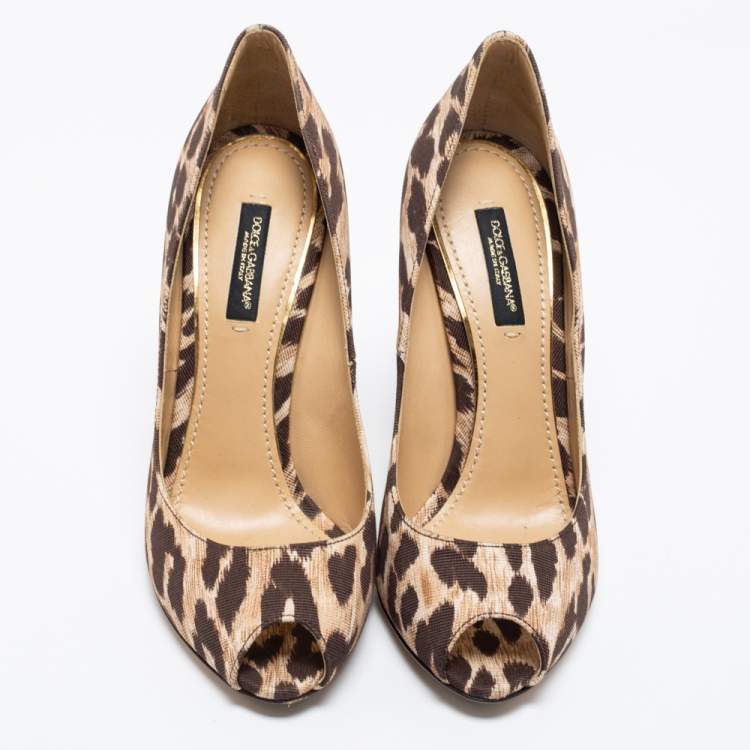 Pre Owned Dolce & Gabbana Brown Leopard Print Canvas Peep Toe Pumps Size 36.5