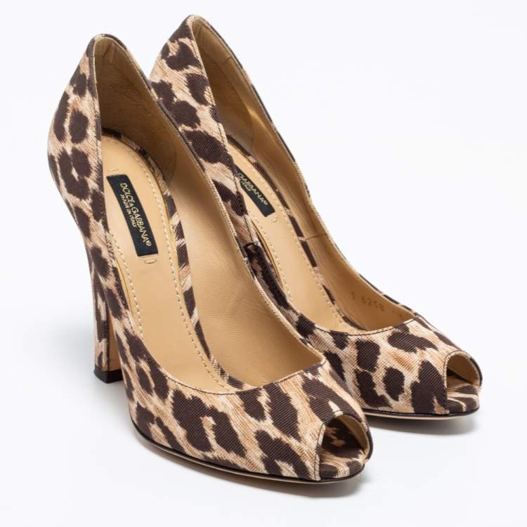 Pre Owned Dolce & Gabbana Brown Leopard Print Canvas Peep Toe Pumps Size 36.5