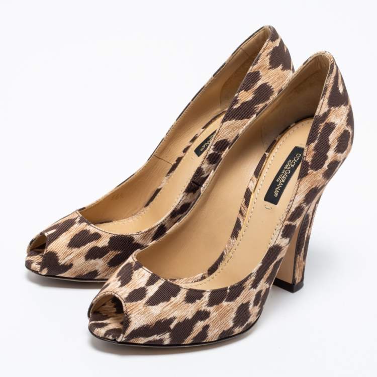 Pre Owned Dolce & Gabbana Brown Leopard Print Canvas Peep Toe Pumps Size 36.5