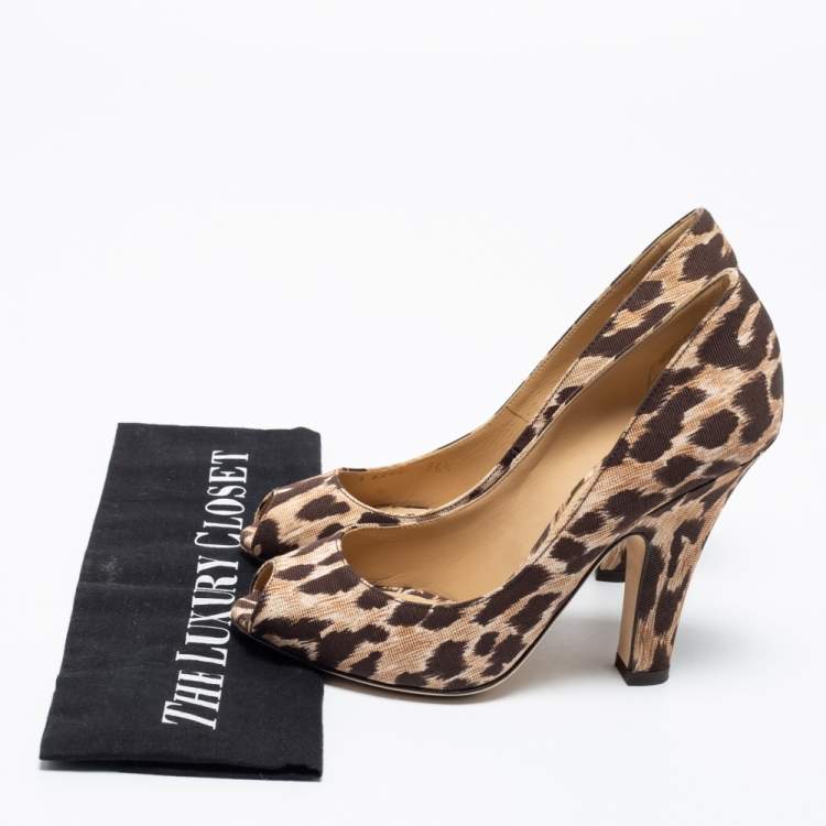 Pre Owned Dolce & Gabbana Brown Leopard Print Canvas Peep Toe Pumps Size 36.5