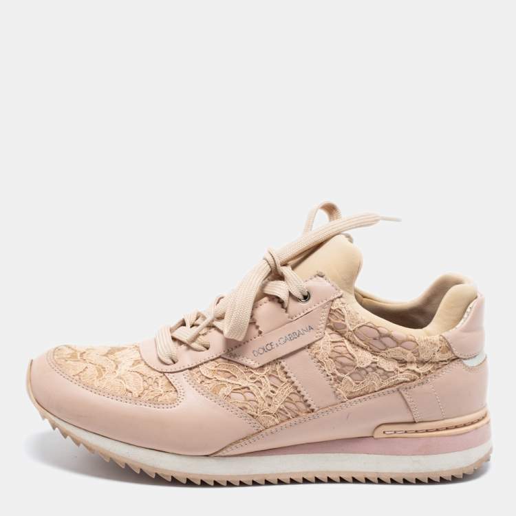 Pre Owned Dolce & Gabbana Pink Floral Lace And Leather Low Top Sneakers Size 37