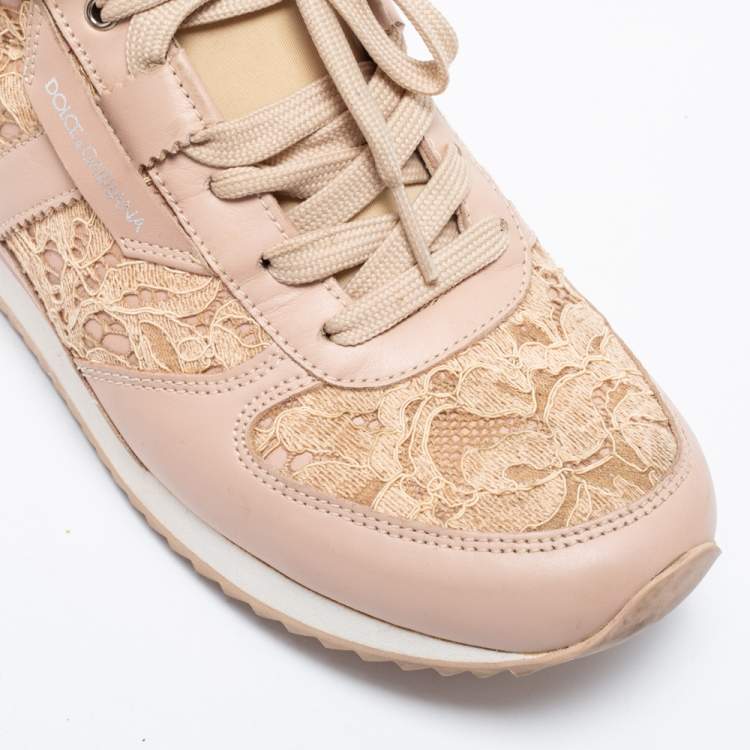 Pre Owned Dolce & Gabbana Pink Floral Lace And Leather Low Top Sneakers Size 37