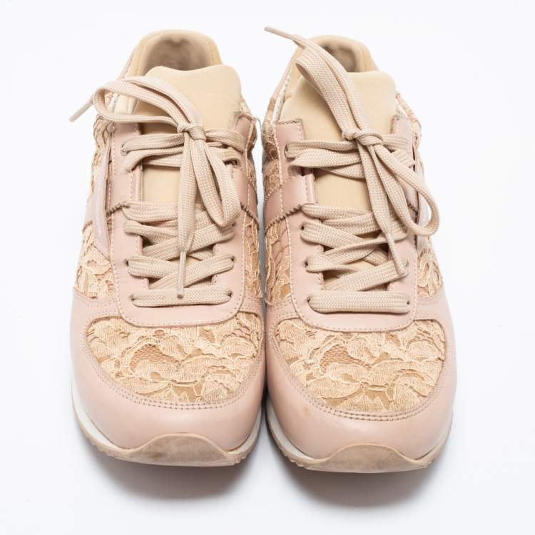 Pre Owned Dolce & Gabbana Pink Floral Lace And Leather Low Top Sneakers Size 37
