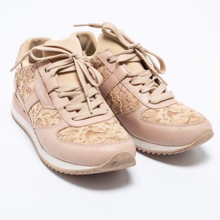 Pre Owned Dolce & Gabbana Pink Floral Lace And Leather Low Top Sneakers Size 37