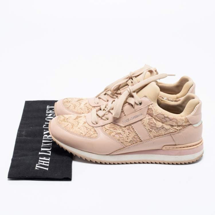 Pre Owned Dolce & Gabbana Pink Floral Lace And Leather Low Top Sneakers Size 37