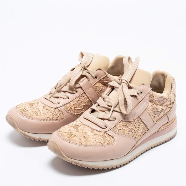 Pre Owned Dolce & Gabbana Pink Floral Lace And Leather Low Top Sneakers Size 37