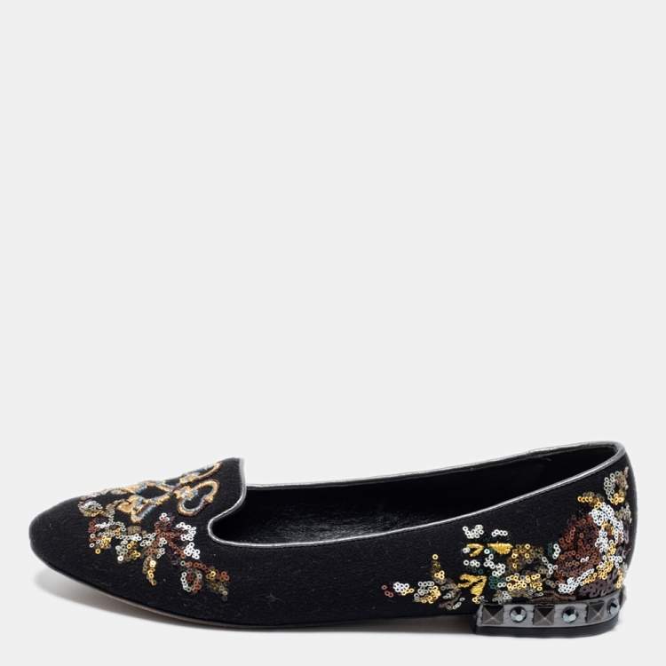 Pre Owned Dolce & Gabbana Black Fabric And Sequin Embroidered Smoking Slippers Size 40