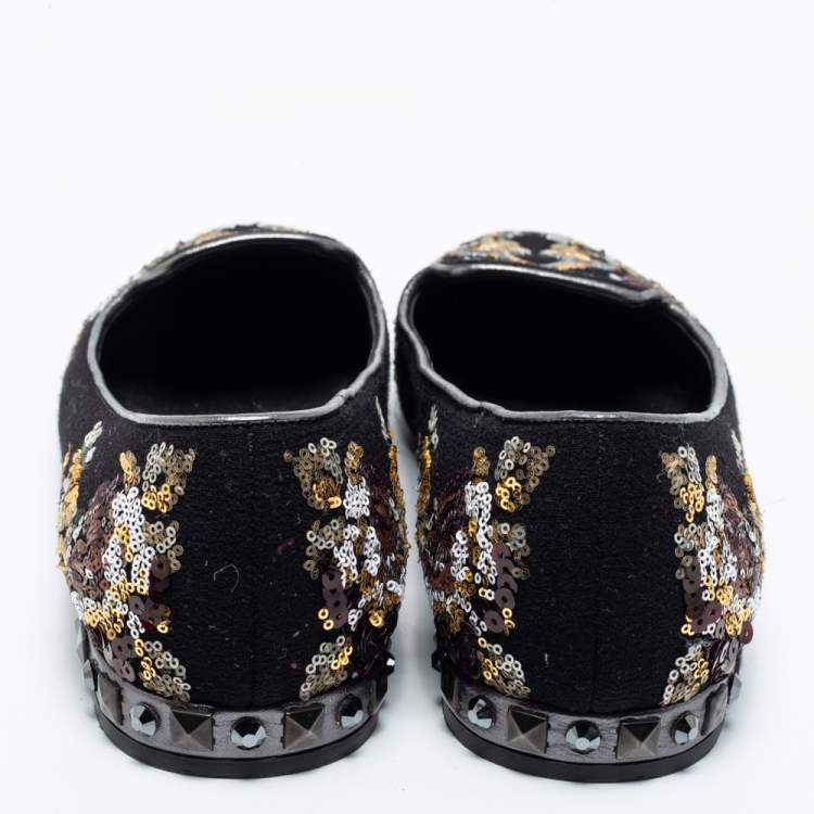 Pre Owned Dolce & Gabbana Black Fabric And Sequin Embroidered Smoking Slippers Size 40
