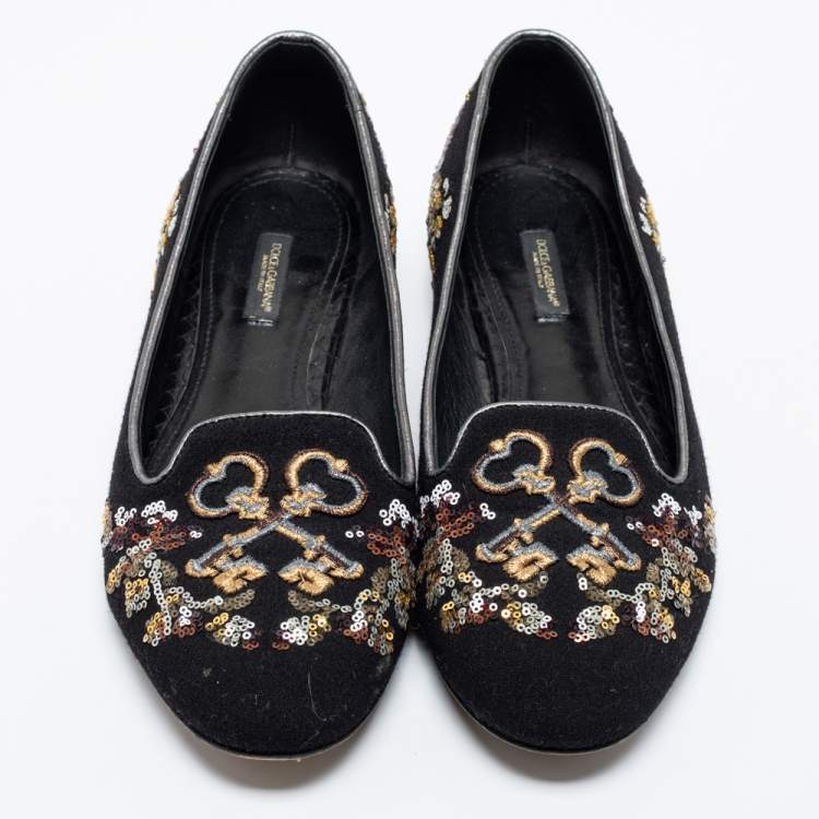 Pre Owned Dolce & Gabbana Black Fabric And Sequin Embroidered Smoking Slippers Size 40