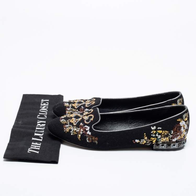 Pre Owned Dolce & Gabbana Black Fabric And Sequin Embroidered Smoking Slippers Size 40