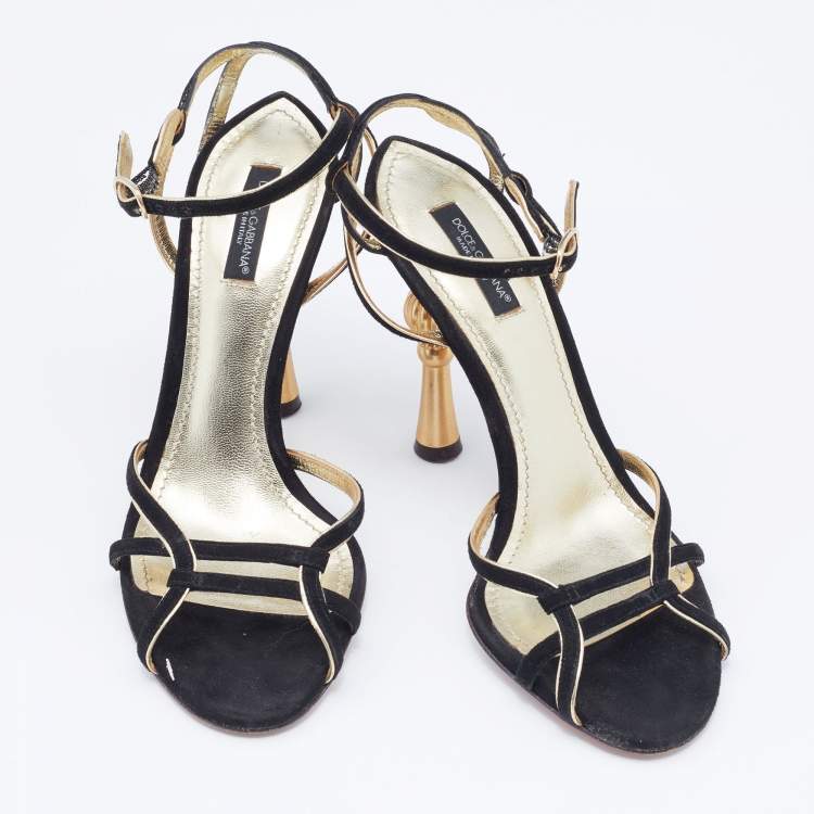 Pre Owned Dolce & Gabbana Black/Gold Suede And Leather Trim Strappy Sandals Size 36
