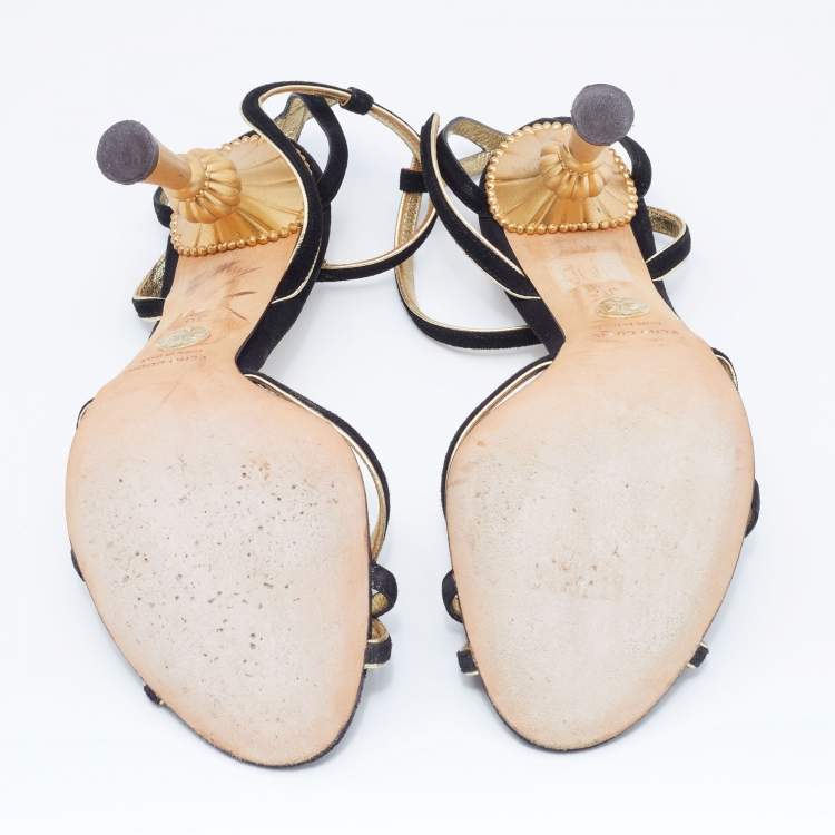 Pre Owned Dolce & Gabbana Black/Gold Suede And Leather Trim Strappy Sandals Size 36